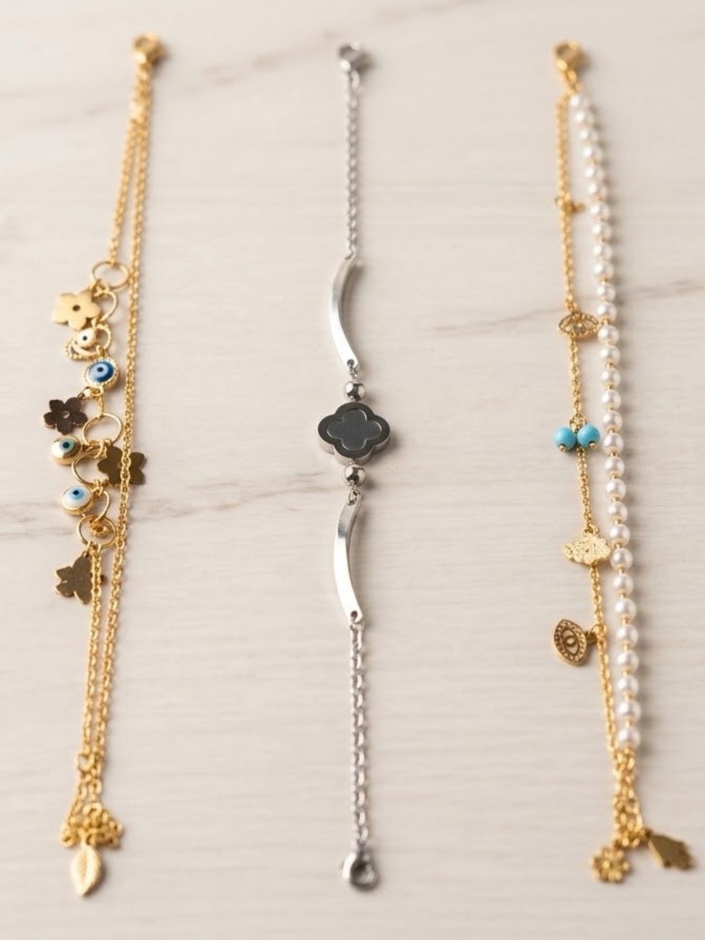 Gold and Silver Floral Charm Bracelet Trio with Turquoise Accents